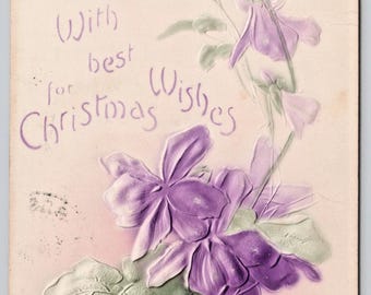 Vintage "With best for Christmas Wishes" Postcard Embossed Purple Pansy Flowers Antique Holiday Ephemera 1910s Floral Airbrushed Victorian