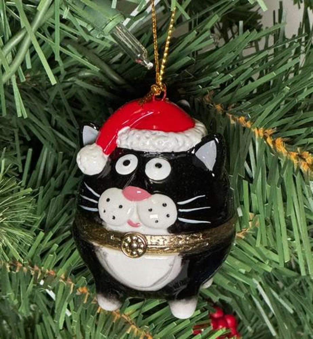 Fat Black Cat Porcelain Hinged Surprise Gift Trinket Box Christmas