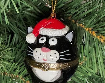 Fat Black Cat Porcelain Hinged Surprise Gift Trinket Box Christmas Ornament Unique Pet Lover Gift, Meowy Christmas,Kitty in Santa Hat