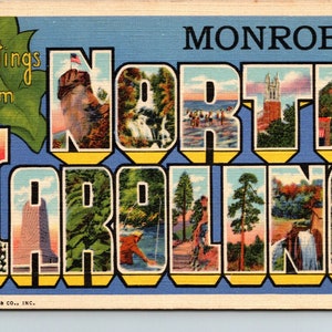 Greetings from Monroe North Carolina Large Letter Vintage Linen Postcard