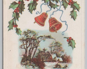 Antique c1910 Embossed Christmas Holiday Postcard Winter Snow Scene Red Bells Cabin House Water Mill Holly Berries Vintage Ephemera