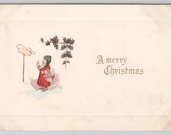 Antique Christmas Postcard Embossed Child Basket of Toys Holly Snow Mailbox Santa Claus Mistletoe Winter 1913 Edwardian Holiday Ephemera