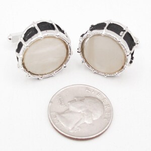 Gemelos vintage con forma de caja de batería, estilo jazz rock, para músicos, con nácar negro. imagen 2