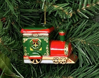 Train Engine Porcelain Hinged Gift Trinket Christmas Ornament Surprise Box Fill with Gift, Money, Jewelry, Engagement Ring