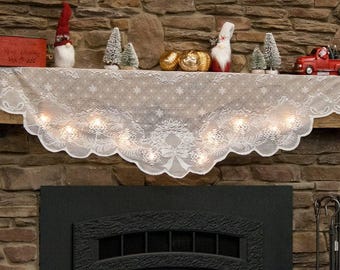 Lighted Lace Wreath Holly Snow Fireplace Mantel Scarf Cloth Christmas Winter Decoration