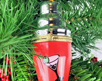 Cocktail Shaker Porcelain Hinged Surprise Gift Trinket Box Christmas Ornament