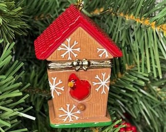 Cardinal Bird House Chalet Porcelain Hinged Surprise Gift Trinket Box Christmas Ornament, Surprise Gift, Stocking Stuffer, Unique Gift