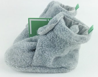 Stay-On Grey Fleece Infant Baby Booties Baby Slippers, Baby Shoes, Crib Shoes, Adjustable Snap Front,  Unisex Boy Girl  Sizes avail 3M or 6M