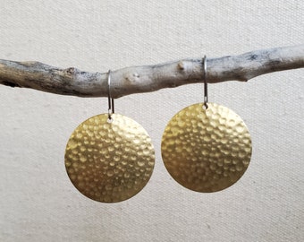 Hammered Brass Disc Earrings, Titanium Hooks, Sensitive Ears, Hypoallergenic, Textured Brass Moon Earrings