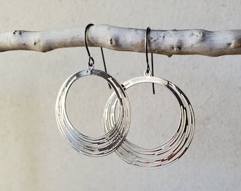Shiny Silver Hoop Earrings, Titanium Hooks, Sensitive Ears, Hypoallergenic, Layered Hoops