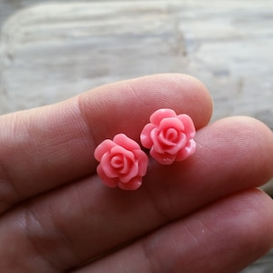Perfect Pink Rose Earrings, Titanium Posts, Sensitive Ears, Flower Studs, Hypoallergenic Studs