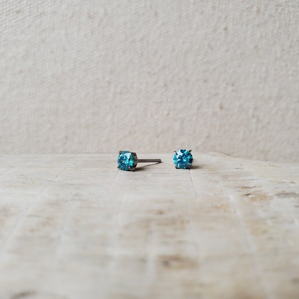 Titanium CZ Gem Stud Earrings for Earlobe Piercing, Hypoallergenic, Three Colors, Minimalist Earrings, Sensitive Ears