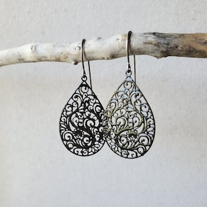 Floral Lace Design Filigree Earrings, Titanium Hooks, Sensitive Ears, Hypoallergenic, Delicate Cutout Design, Black, White, or Lavender