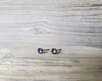 Tiny Titanium Gem Stud Earrings for Earlobe Piercing, Hypoallergenic, Small CZ Gemstone Studs, Minimalist Earrings