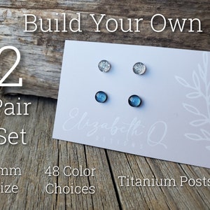 Small Studs 6mm Size, Build Your Own Custom Earring Set, Glitter Studs Gift Box 2 Pair Set, Titanium Posts, Hypollergenic, Sensitive Ears