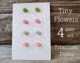 Tiny Flower Earring Set, 4 Pairs Randomly Chosen, Titanium Posts, Hypollergenic, Sensitive Ears, Mystery Selection