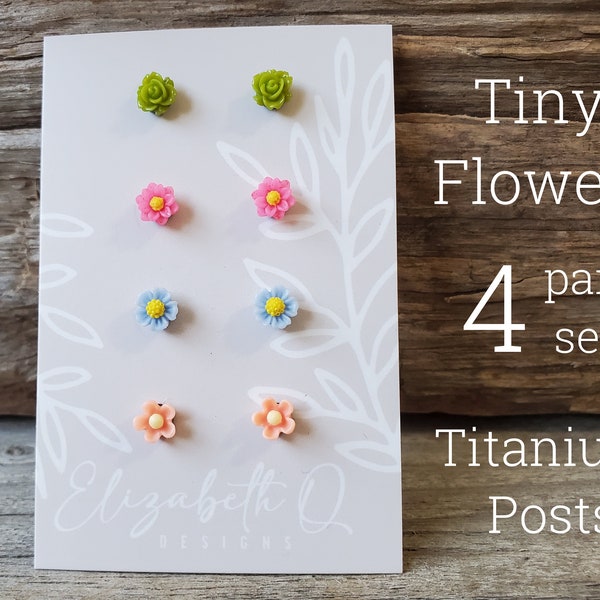 Tiny Flower Earring Set, 4 Pairs Randomly Chosen, Titanium Posts, Hypoallergenic, Sensitive Ears, Mystery Selection