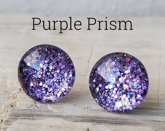 Purple Prism Glitter Earrings, Titanium Posts, Lovely Purple Studs, Hypoallergenic Studs, Sensitive Ears