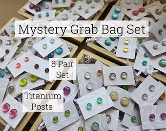 Mystery Grab Bag Earrings Set, 8 Pair Set, Titanium Posts, Hypollergenic, Sensitive Ears, Half Price Stud Earrings, Mystery Selection