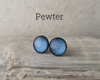 Pewter Pearlescent Earrings, Titanium Posts, Sensitive Ears, Hypoallergenic Studs, Metallic Blue Studs