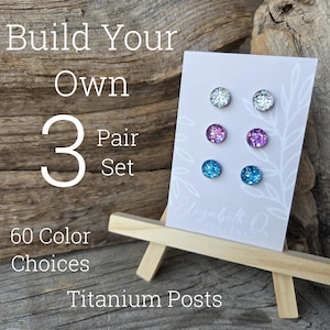 Build Your Own Custom Earring Set, Glitter Studs 3 Pair Set, Titanium Posts, Hypoallergenic, Sensitive Ears