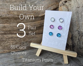 Build Your Own Custom Earring Set, Glitter Studs 3 Pair Set, Titanium Posts, Hypoallergenic, Sensitive Ears