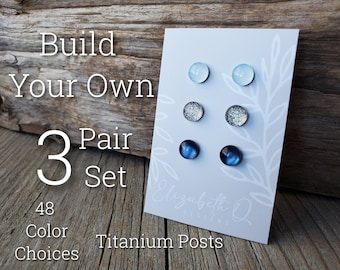 Build Your Own Custom Earring Set, Glitter Studs 3 Pair Set, Titanium Posts, Hypoallergenic, Sensitive Ears