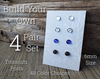 Small Studs 6mm Size, Build Your Own Custom Earring Set, Glitter Studs Gift Box 4 Pair Set, Titanium Posts, Hypollergenic, Sensitive Ears