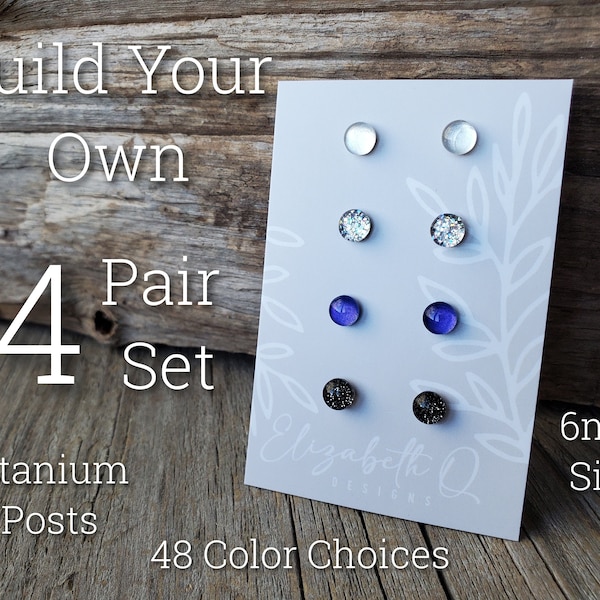 Small Studs 6mm Size, Build Your Own Custom Earring Set, Glitter Studs Gift Box 4 Pair Set, Titanium Posts, Hypollergenic, Sensitive Ears