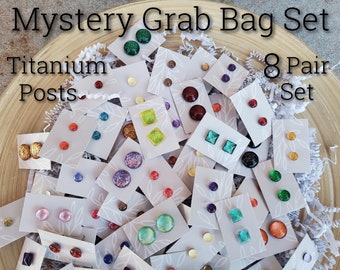 Mystery Grab Bag Earrings Set, 8 Pair Set, Titanium Posts, Hypollergenic, Sensitive Ears, Half Price Stud Earrings, Mystery Selection