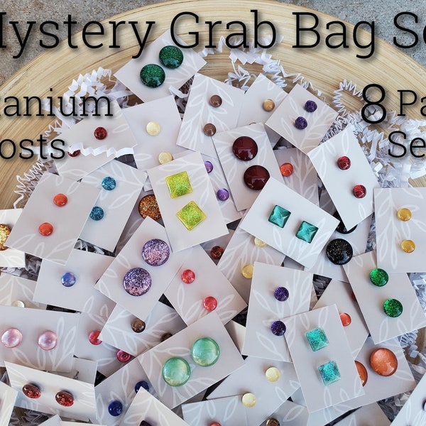 Mystery Grab Bag Earrings Set, 8 Pair Set, Titanium Posts, Hypollergenic, Sensitive Ears, Half Price Stud Earrings, Mystery Selection