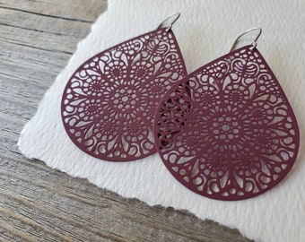 Large Filigree Teardrop Earrings, Titanium Hooks, Sensitive Ears, Hypoallergenic, Detailed Lace Design, Choose Your Color