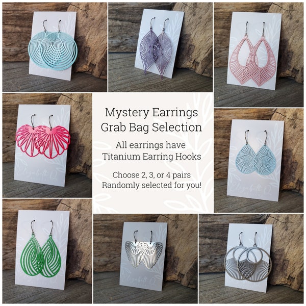 Mystery Grab Bag Set Dangle Earrings, Delicate Design Earrings, Titanium Hooks, Sensitive Ears, Hypoallergenic, Laser Cut Design