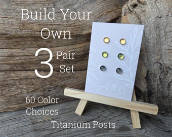 Small Studs, Build Your Own Custom Earring Set, Glitter Studs Gift Box 3 Pair Set, Titanium Posts, Hypoallergenic, Sensitive Ears