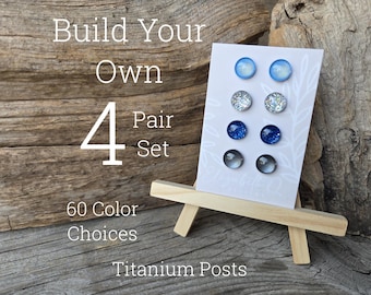 Build Your Own Custom Earring Set, Glitter Studs Gift Box 4 Pair Set, Titanium Posts, Hypollergenic, Sensitive Ears