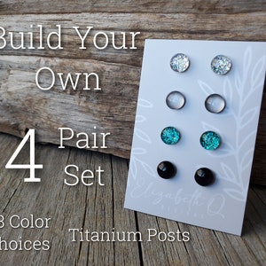 Build Your Own Custom Earring Set, Glitter Studs Gift Box 4 Pair Set, Titanium Posts, Hypollergenic, Sensitive Ears