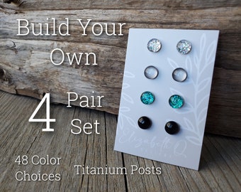 Build Your Own Custom Earring Set, Glitter Studs Gift Box 4 Pair Set, Titanium Posts, Hypollergenic, Sensitive Ears