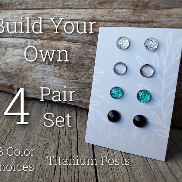 Build Your Own Custom Earring Set, Glitter Studs Gift Box 4 Pair Set, Titanium Posts, Hypollergenic, Sensitive Ears