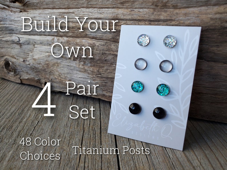 Build Your Own Custom Earring Set, Glitter Studs Gift Box 4 Pair Set, Titanium Posts, Hypollergenic, Sensitive Ears image 1