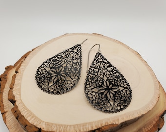 Floral Metal Design Earrings, Titanium Hooks, Sensitive Ears, Hypoallergenic, Delicate Laser Cut Design, Five Color Choices