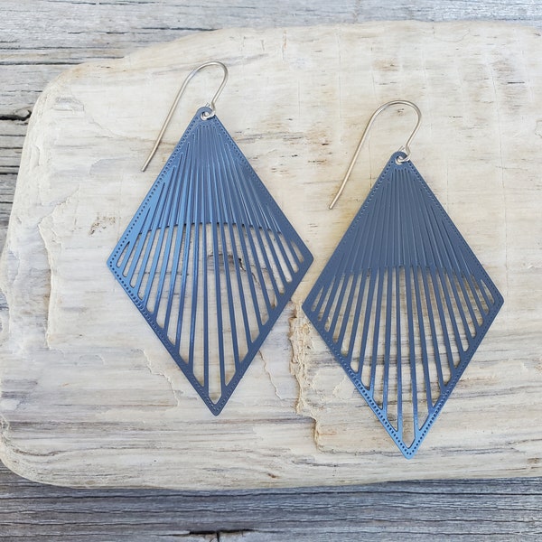 Rhombus Shape Dangle Earrings, Titanium Hooks, Sensitive Ears, Hypoallergenic, Delicate Laser Cut Design, Three Color Choices