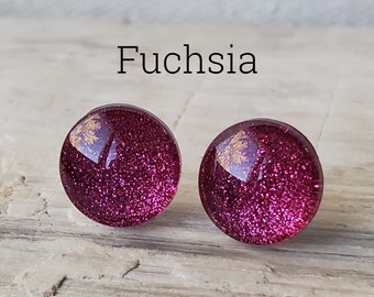 Fuchsia Glitter Earrings, Titanium Posts, Hypoallergenic Studs, Sensitive Ears