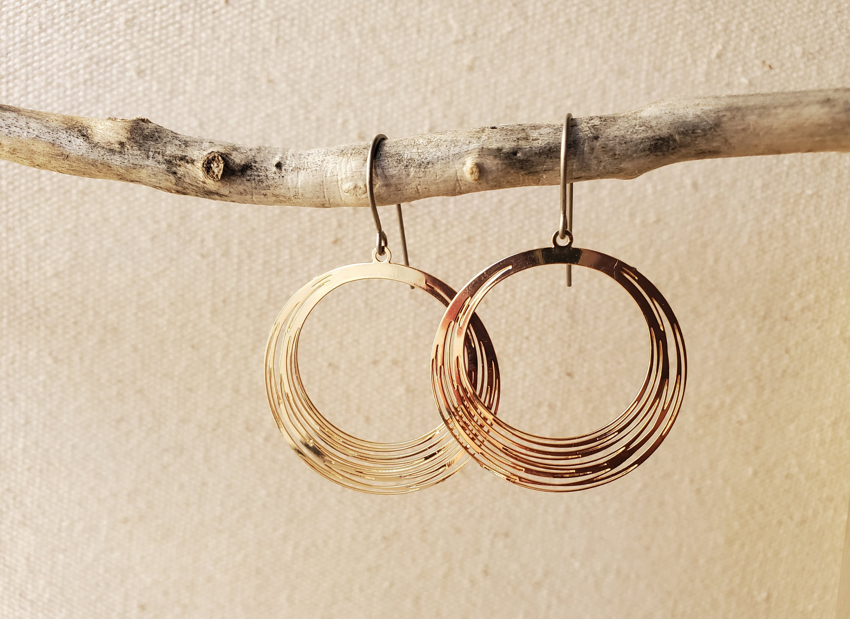 Shiny Gold Hoop Earrings, Titanium Hooks, Sensitive Ears, Hypoallergenic, Layered Hoops