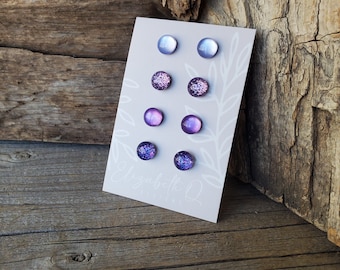 PURPLE / Purple Passion Glitter Studs, Titanium Posts, Sensitive Ears, Hypoallergenic, Custom Earrings Gift Set