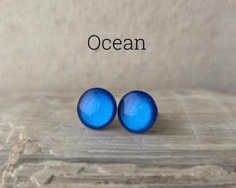 Ocean Pearlescent Earrings, Titanium Posts, Sensitive Ears, Hypoallergenic Studs, Metallic Blue Studs