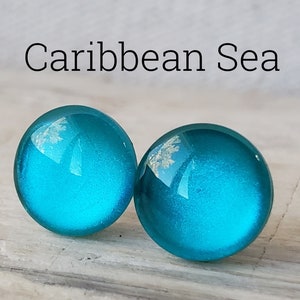 Caribbean Sea Metallic Shimmer Earrings, Titanium Posts, Intense Teal / Aqua Blue Metallic Studs, Hypoallergenic Studs, Sensitive Ears