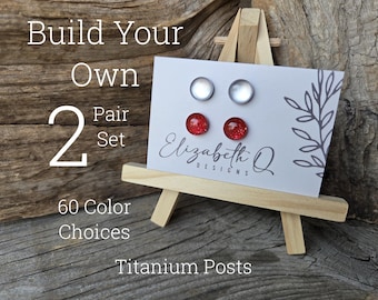 Build Your Own Earring Set, Glitter Studs 2 Pair Set, Titanium Posts, Hypoallergenic,  Sensitive Ears, Custom Gift Set