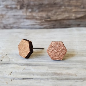 Metallic Hexagon Wood Studs, Titanium Posts, Hypoallergenic Studs, Sensitive Ears, Silver, Gold, Bronze, Copper, Hand Painted