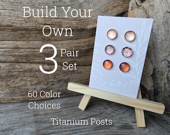 Build Your Own Custom Earring Set, Glitter Studs 3 Pair Set, Titanium Posts, Hypoallergenic, Sensitive Ears