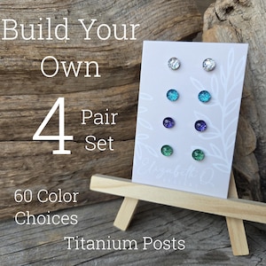 Small Studs, Build Your Own Custom Earring Set, Glitter Studs Gift Box 4 Pair Set, Titanium Posts, Hypollergenic, Sensitive Ears